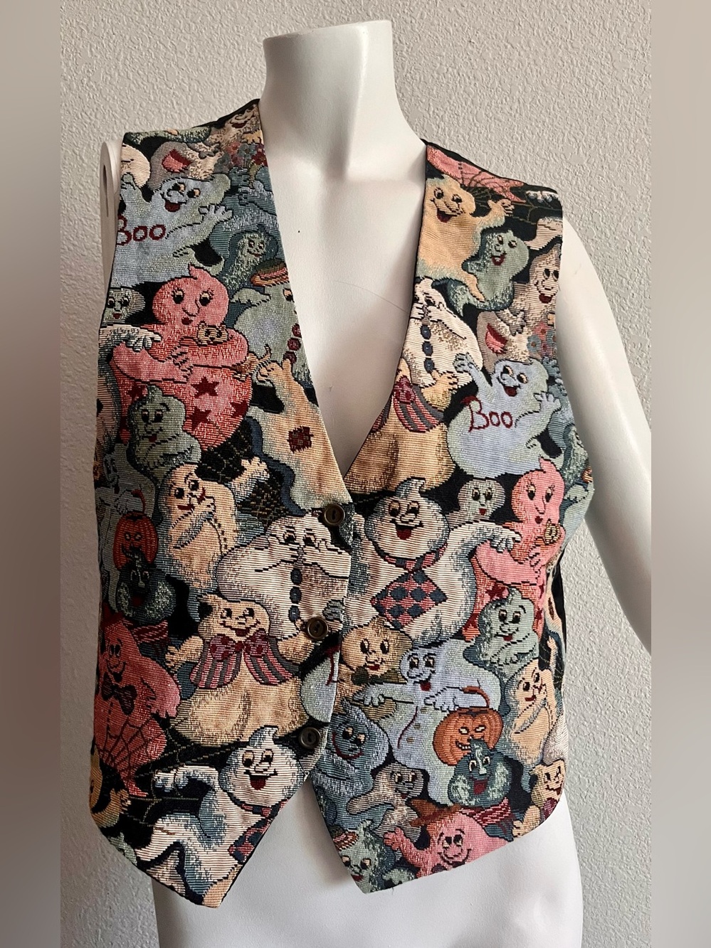 Vintage Paul Harris Design Halloween Ghost Tapestry Vest USA Medium - Picture 6 of 11